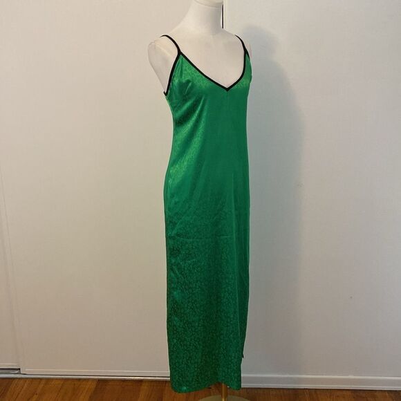 Kelly Green Floral Satin Midi Dress with Black Trim Size Small / Medium - Picture 6 of 13